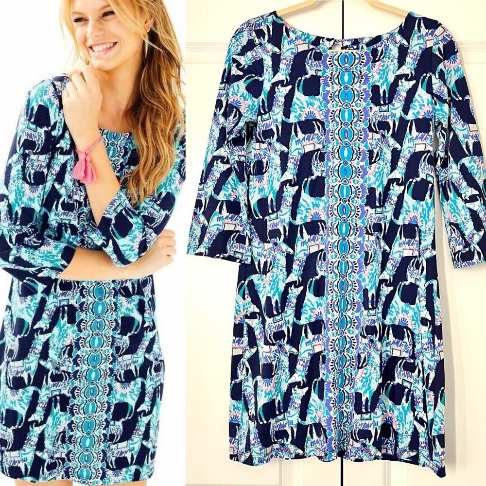 Lilly Pulitzer Bay Dress Women’s Small Alpaca My Bags Blue Pink 3/4 Sleeve Shift